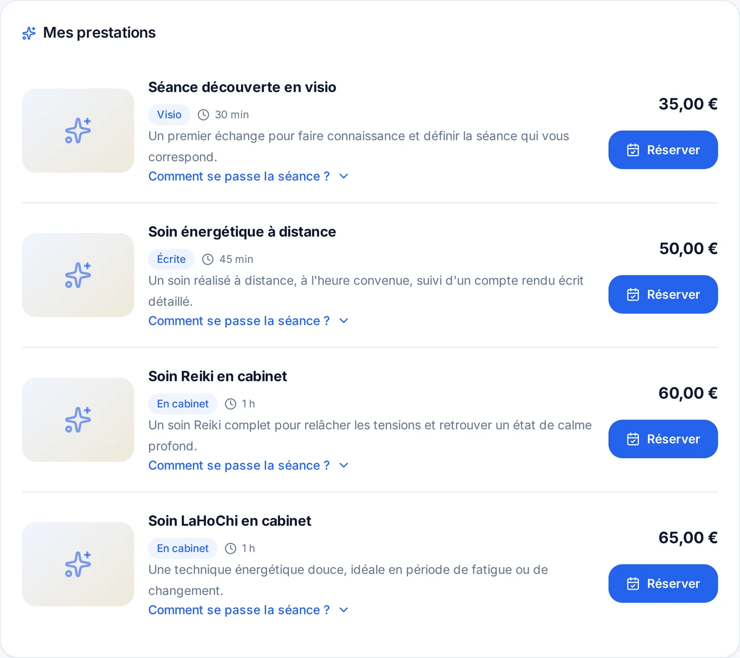 Prestations réelles du profil démo Élise Martin : séance découverte en visio, soin énergétique à distance, Reiki et LaHoChi en cabinet
