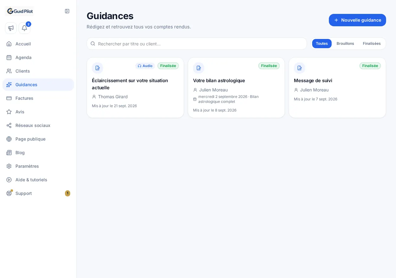 Liste des guidances écrites et vocales dans GuidPilot