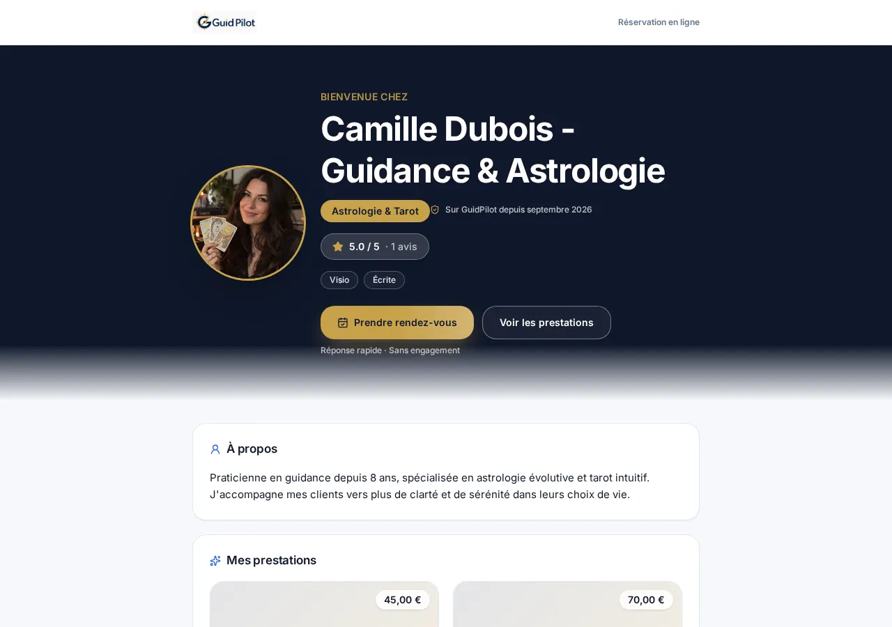 Page publique GuidPilot de la praticienne démo Camille Dubois avec ses prestations