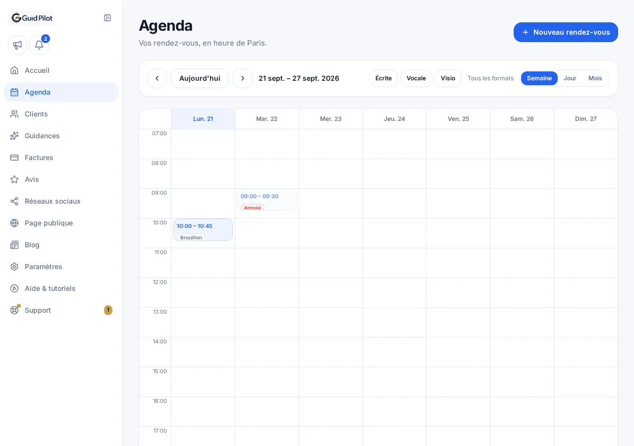 Agenda GuidPilot avec les rendez-vous organisés sur la semaine